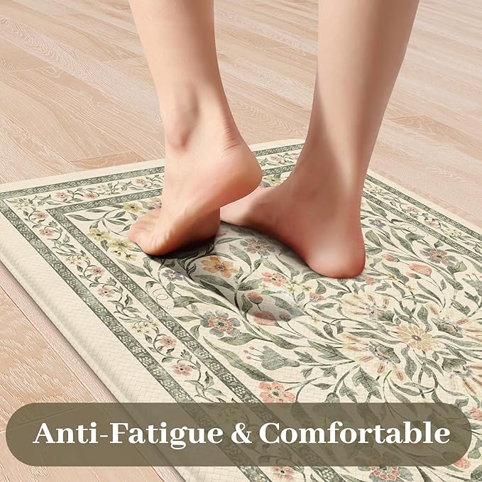 KIMODE Anti Fatigue Kitchen Mats for Floor, Boho Floral Kitchen Rugs Sets of 2, Cushioned Kitchen Floor Mats Non Slip, Comfort Spring Rugs for Kitchen Floor Sink Laundry Desk Beige 17.3"x29"+17.3"x47"