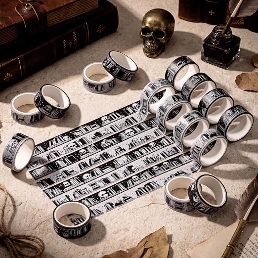 24 Rolls Gothic Book Shelf Washi Tape Set Per Roll, Skull & Book Pattern Decorative Tape Easy Hand Tear for DIY Crafts, Scrapbooking, Journaling, Gift Wrapping Study Planner Decoration