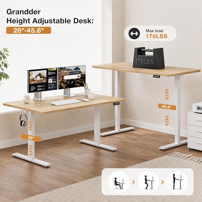 Grandder 47x32 Large Electric Standing Desk, Height Adjustable Computer Desk with 2 Memory Presets, 31.5" Deep Desktop Sit Stand Desk Home Office Desk Workstation Table with Hooks, Oak