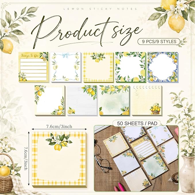 9 Pads Lemon Sticky Notes 3x3 Inch Cute Self Stick Notepads Notes Adhesive Memo Pad Office Decor Gifts for Students School Teacher Meeting Office Supplies
