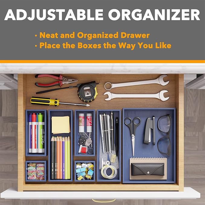 SpaceAid 7-Piece Bamboo Drawer Organizer Storage Boxes Set, Wood Tray Junk Drawer Organizers Multi-Use Divider Bins for Kitchen, Bathroom, Office Desk and Makeup Organization (7 Pack, Navy Blue)