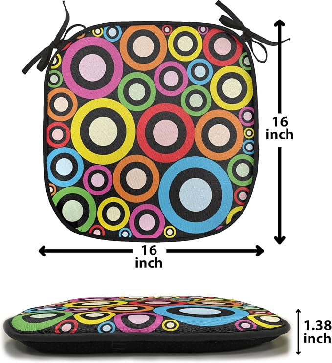 Lunarable Groovy Chair Cushion Pads Set of 6, and Funky Retro Ring Shaped Modern Art Geometric Revival Art, Anti-Slip Seat Padding for Kitchen & Patio, 16"x16", Black Multicolor