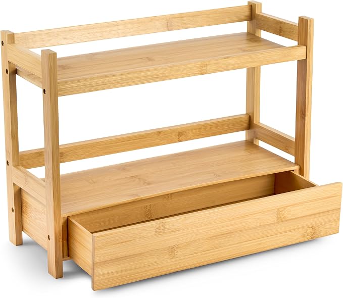 Sorbus 2-Tier Bamboo Countertop Shelf with Hidden Drawer for Vanity, Matcha Shelf, Bathroom Storage Cabinet, Under Sink Organizer, Bathroom Storage, Matcha Station Shelf (17″ L x 6.5″ W x 12.6″ H)