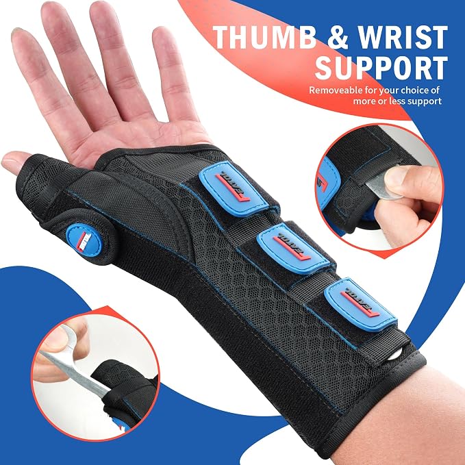 FEATOL Carpal Tunnel Wrist Brace Night Support, Thumb Spica Splint Left Hand for De Quervains Tenosynovitis, Tendonitis, Thumb Brace for Women Men, Black Blue, Medium/Large