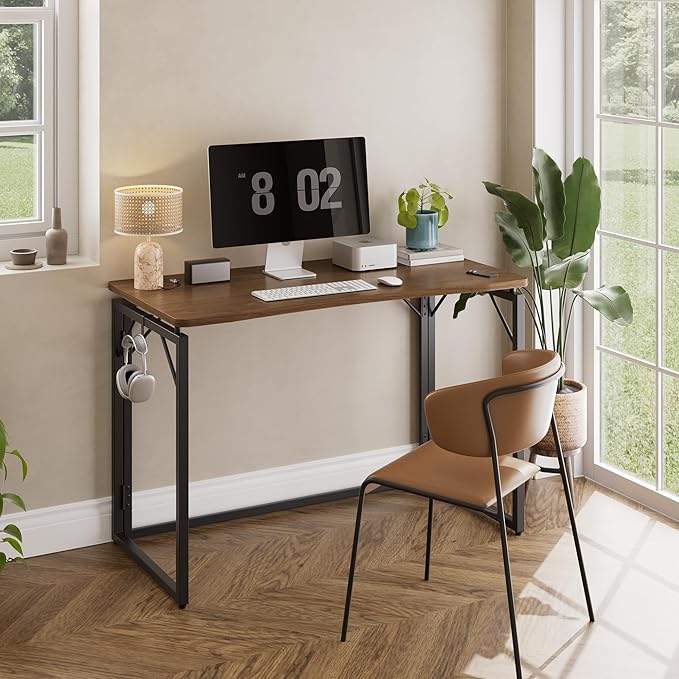 JOYMOOP 40" Folding Desk - Brown, No Assembly Middle Size Foldable Desk for Home, Office, Wooden Top Folding Computer Desk for Working, Writing, Studying