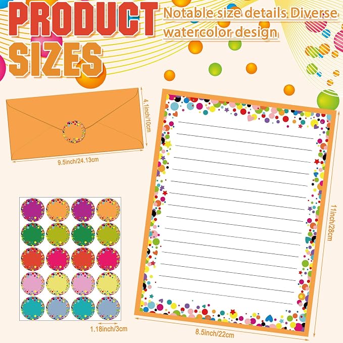TaoBary 160 Pcs Stationery Paper Set 50 Double Sided Stationery Papers with 50 Matching Envelopes and 60 Round Dot Sticker, 10 Design(Polka Dot,8.5 x 11 Inch)