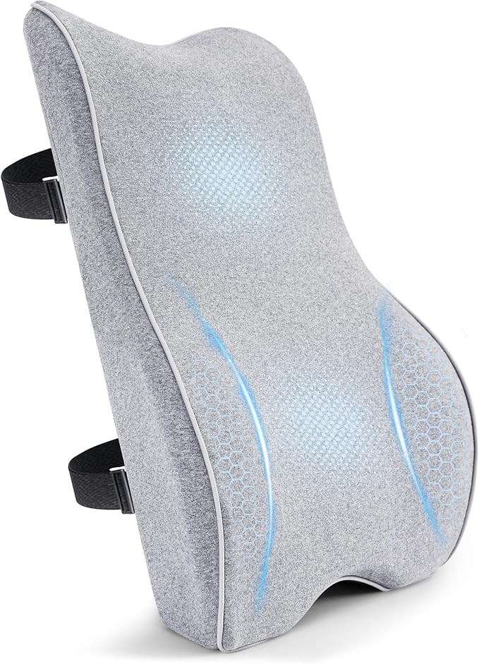 Plush & Comfortable Memory Foam Lumbar Support Pillow - Soft Back Cushion for Office Chair, Car Seat, Gaming Chair - Ergonomic Lower Back Pain Relief with Adjustable Straps & Washable Cover-Light Grey