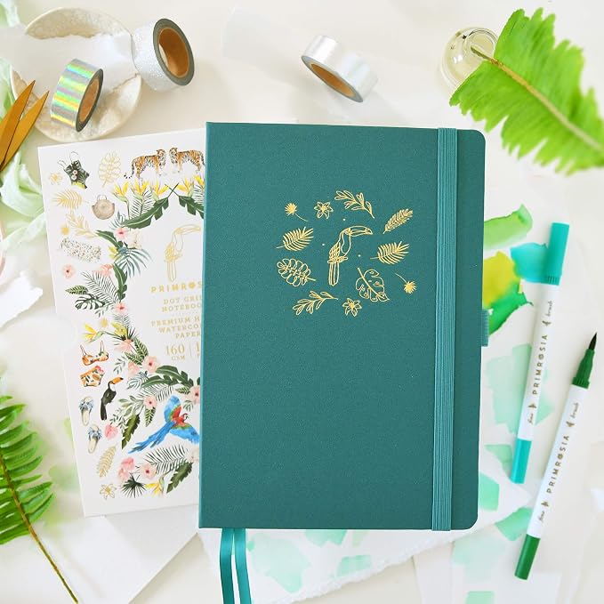 Primrosia A5 Dot Grid Watercolor Journal Notebook – 160 pages I 160gsm Premium Heavy Paper, No Bleed – Luxe Linen Hard Cover (Jungle Green)
