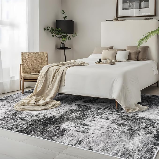 RUUGME 5x7 Abstract Area Rug: Washable Living Room Rug Non-Slip Low-Pile Indoor Carpet for Bedroom Office Nursery Modern Soft Stain Resistant Boho Thin Throw Floor Mat for Dorm Newlyweds (5x7 Black-A)
