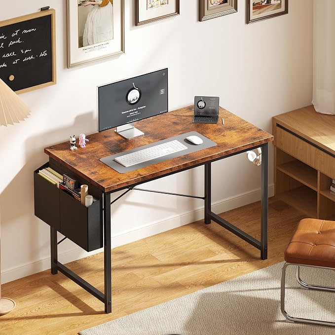 OLIXIS Computer Desk, 44 Inch Home Office Desks for Small Spaces, Writing Craft Study Gaming Table for Bedroom, Modern Computer Workstation with Storage Bag and Headphone Hook, Rustic Brown