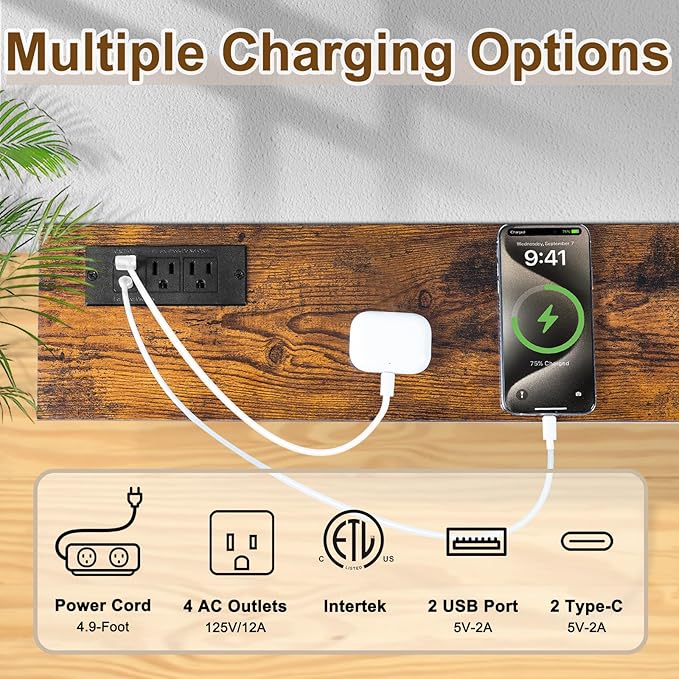 78.8" Narrow Console Table with Outlet, 5.9" Sofa Table Behind Couch Wall Mounted, 2 Pack with 4 Power Outlets 4 USB-C Ports 4.9ft Cord for Entryway, Hallway, Living Room, Rustic Brown