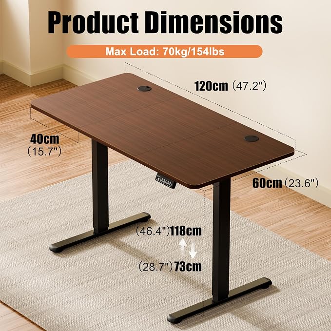 47"x24" Standing Desk, Height Adjustable Sit-Stand Home Office, Walnut | Electric Adjustable Standing Desk, Sit to Stand Computer Office Desk with Splice Board, Memory Preset, Lifts 28.7''-46.5"