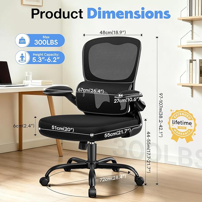 ALLGOD Ergonomic Office Chair, Breathable Mesh Ergonomic Desk Chair with Adjustable Lumbar Support, Flip-up Armrests, Computer Chairs Comfortable for Home, Office, Work, 300lbs, Black, Upgrade