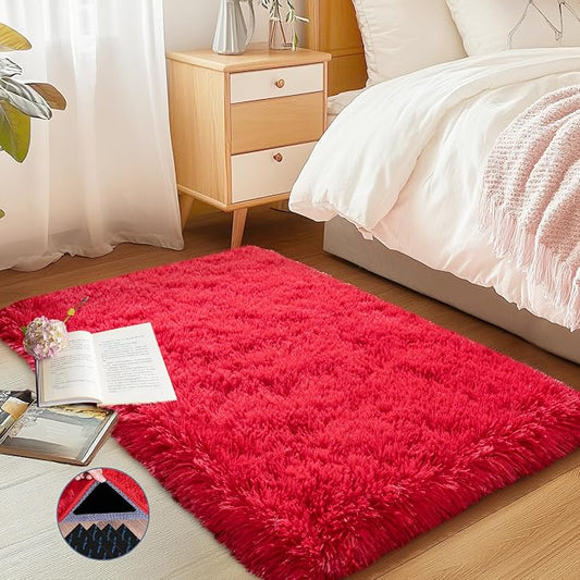 Red Area Rug for Bedroom, 2x3 Small Rugs for Living Room Nursery Kids Room Dorm Home Decor Aesthetic, Fluffy Shaggy Rug with 4 Anti-Slip Carpet Tapes