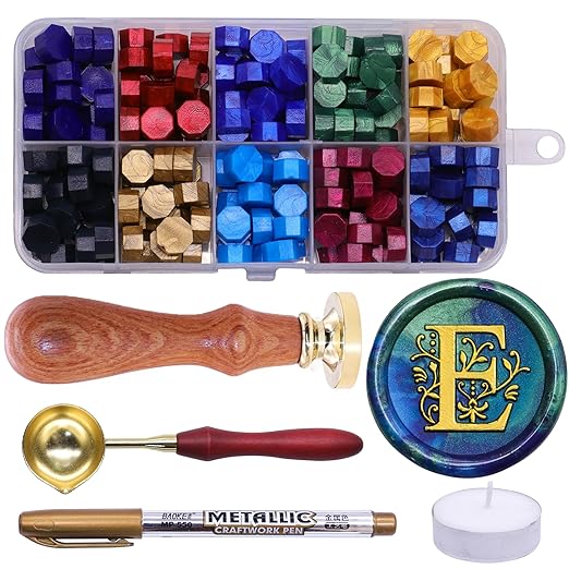 SWANGSA Initial Alphabet E Wax Seal Stamp Kit, Classic Retro Letter Sealing Stamp with 200pcs Sealing Wax Beads Kit for Wedding Invitations Cards Envelopes (E)