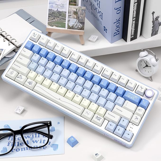 White & Blue PBT Keycaps, Cherry Profile Dye-Sublimation Keycap 130 Keys for 60%/65%/75%/100% Cherry MX Switches Mechanical Keyboard