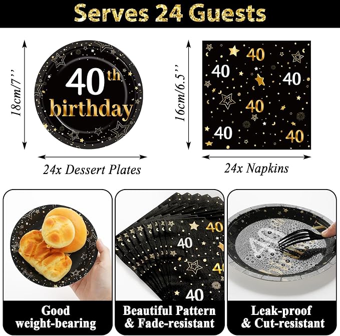 40th Birthday Party Supplies Serves 24 Black and Gold 40 Years Old Birthday Party Decorations Paper Plates Napkins Cheers to 40 Years Tablecloth Set Vintage 1986 Tableware Kit Favors for Men or Women