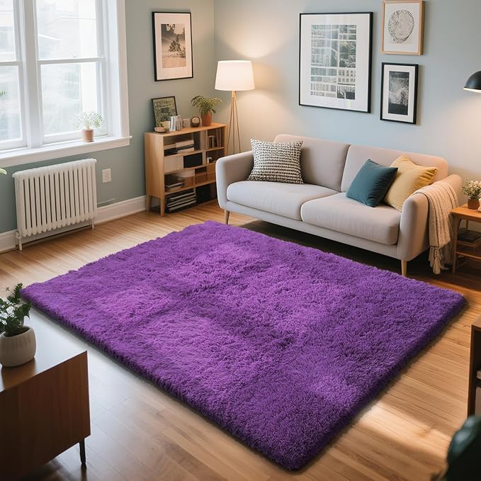 Purple Fluffy Rug Shag Area Rug, 3x5 Area Rugs for Girls Bedroom, Soft Play Mat, Indoor Floor Carpet for Teen, Preppy Dorm, Plush Aesthetic Bedside Rug