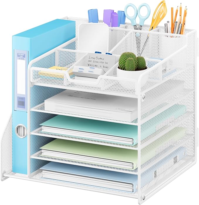 Lavatino Desk Organizer with File Holder, White 5-Tier Adjustable Paper Letter Tray for Office or Home Desk Organizers