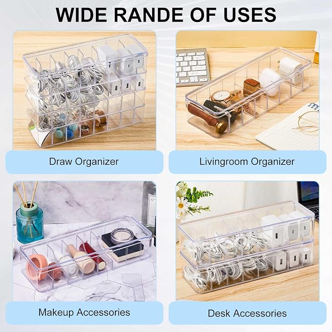 Tatuo 8 Pcs Cord Organizer for Drawer Desktop, Cable Organizer Box with 8 Compartments and Wire Ties, Plastic Charger Storage with Lid, Electronics Case for Home Office Accessories (Small,Clear)