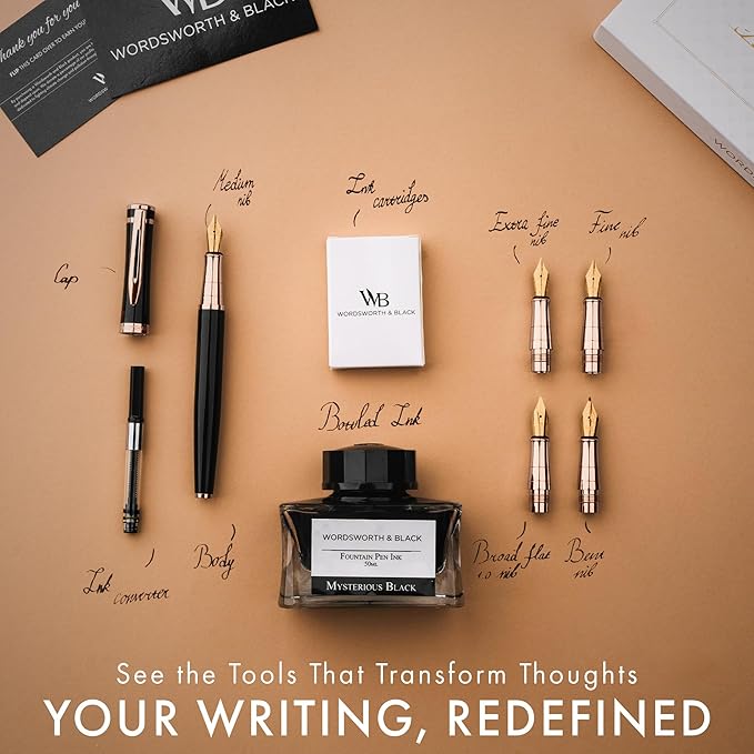 Wordsworth & Black Fountain Pen Gift Set, Includes Ink Bottle, 6 Ink Cartridges, A Refill Converter, 4 Replacement Nibs, Journaling, Calligraphy, Smooth Writing Pens [Black Rose Gold]
