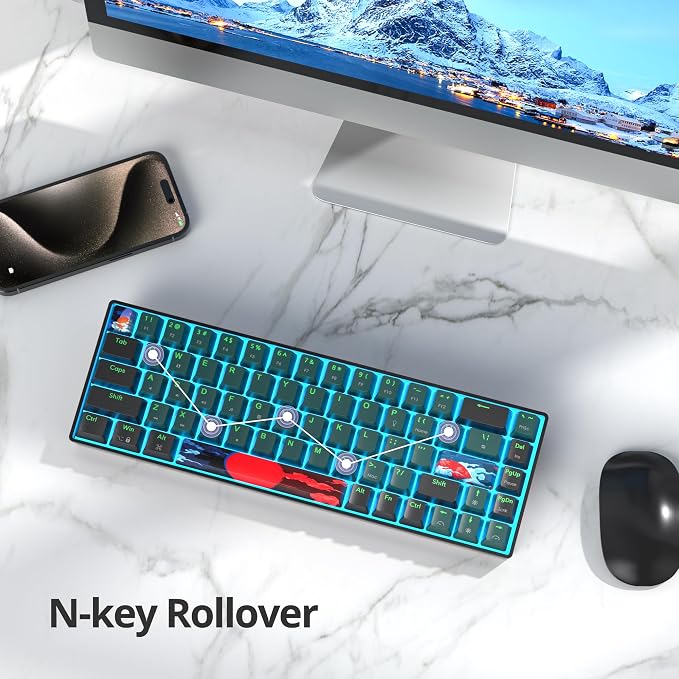 65 Percent Gaming Keyboard 68 Keys Mechanical Keyboard LED Backlit Ultra Compact Wired Keyboard with Red Switch for Windows Laptop Gamer(68 Sound Wave)