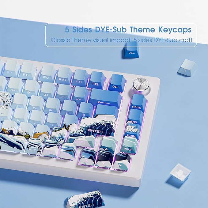 XVX Shine Through Keycaps, Side Print PBT Keycaps 75 Percent Dye Sub, 131 Keys Cherry Profile Custom Keycap 60 Percent, Wave of Kanagawa Double Shot Keyboard Keycap for Mechanical Keyboards