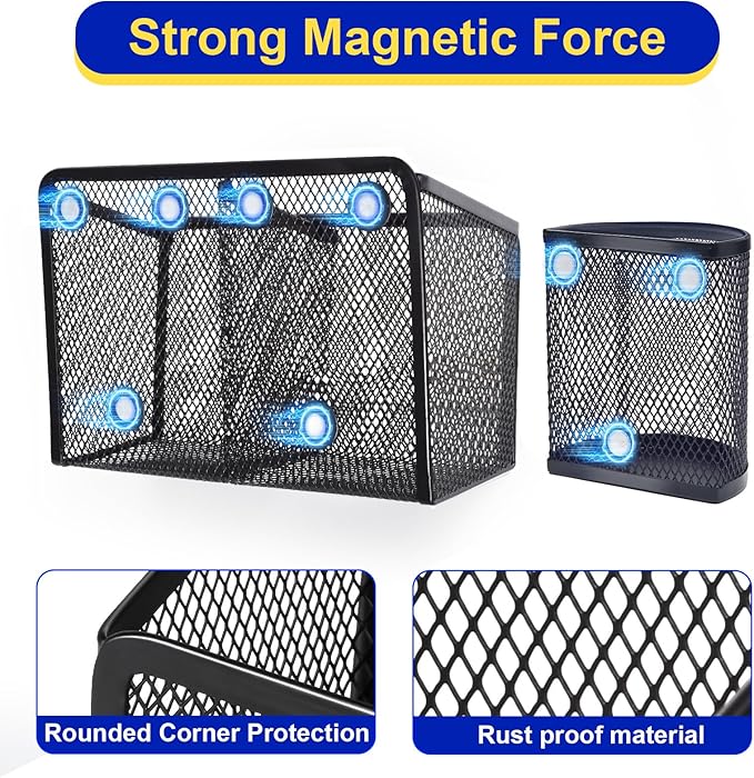 BEYGORM Magnetic Dry Erase Marker Holder for Whiteboard, Mesh Pen & Pencil Holder for Refrigerator, Strong Magnetic Basket for School Locker, Office & Classroom Organizer (Black, 3-Pack)