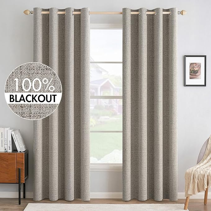 MIULEE Linen Curtains 90 Inches Curtains for Bedroom 100% Blackout Thermal Insulated Greige Curtains Grommet Room Darkening Drapes for Living Room 52x90 Inch (2 Panels)