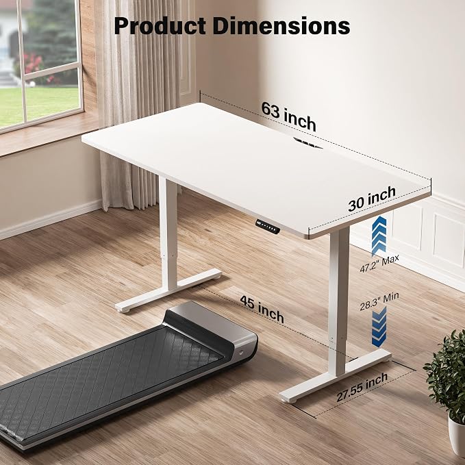 Electric Standing Desk, 63 x 30 Inch, White | Extra Large Desktop, Adjustable Height, Sit to Stand, Home Office Workstation, Supports Dual & Triple Monitor