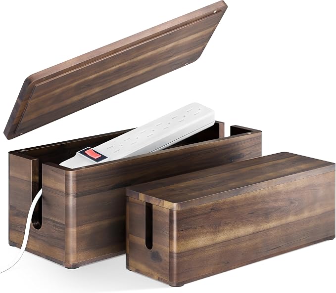 TIDITA Set 2 Wooden Large Cable Management Box Round Edge (Walnut Color) | Set of 2 Sizes, Cable Slots, Magnetic Lid, Non-Skid Pads, Solid Acacia Wood, Wooden Power Strip Box, Surge Protector Box