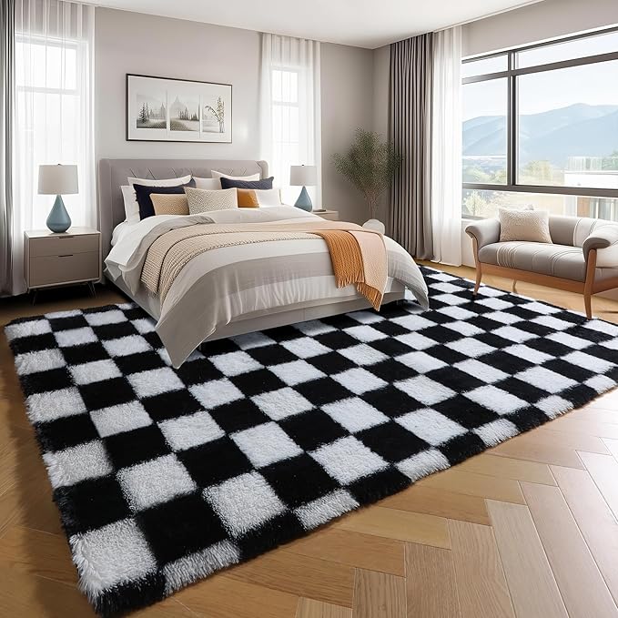 KICMOR 6x9 Area Rugs for Living Room Bedroom, Large Black and White Checkered Fuzzy Fluffy Shag Shaggy Carpet, Big Plush Soft Floor Rug for Kids Boys Girls Teen Dorm Nursery Home Decor Aesthetic