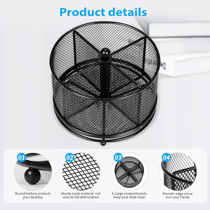 Rotating Pencil Holder for desk,Desk Pen Organizer | 360-Degree Rotating Pen Holder,Mesh Pen Holder for desk,4 Compartments,for Art Supplies/Marker /Desk Organizer