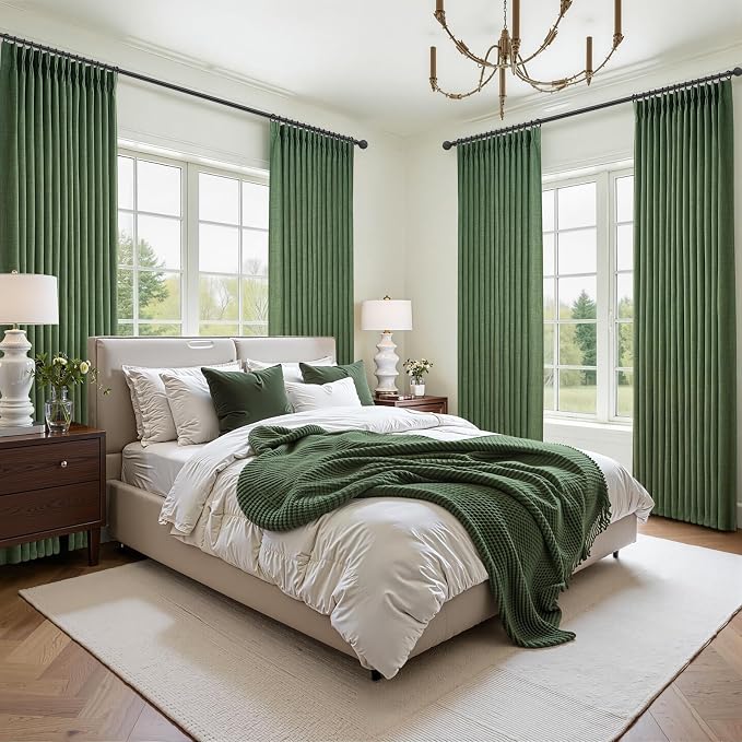 Olive Green Pinch Pleated Dual Layer Linen Curtains 40 x 84 Inches Long for Bedroom, Full Blackout Memory Trained Soundproof Heat Blocking Loden Farmhouse Windows Drapes for Dining Room 7 FT Length