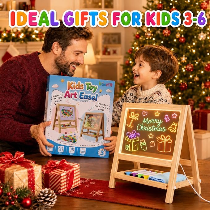 Magnetic Easel for Kids, Double-Sided LED Light Up Drawing Board Toddler | Wooden Tabletop Art Station with 7 Markers, US Map and Alphabet Number Magnets, Gift for Boys Girls 3-6
