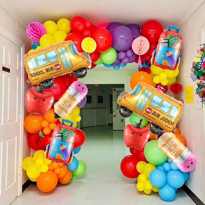 160Pcs Back To School Balloon Arch Garland Kit, Apples School Bus Pencil Schoolbag Rainbow Foil Balloons, First Day of School Classroom Kindergarten Graduation Decorations