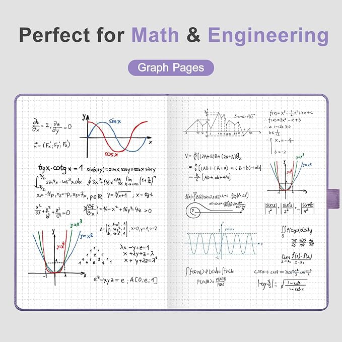 AHGXG Graph Grid Paper Notebook, 160 Pages, A5 Medium Size (5.7'' x 8.3''), 120 GSM Thick Paper, Leather Hardcover, for School, Students, Math, Engineering (Light Purple)