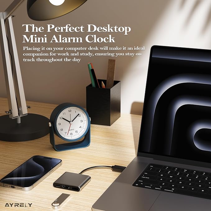 AYRELY® 3.5" Small Analog Travel Alarm Clock, Battery Operated Desk Clock | Cute Table Clock with Light, Adjustable Angle, Bedside, Bedrooms, Kids' Rooms and Living Room Decor (Navy Blue)