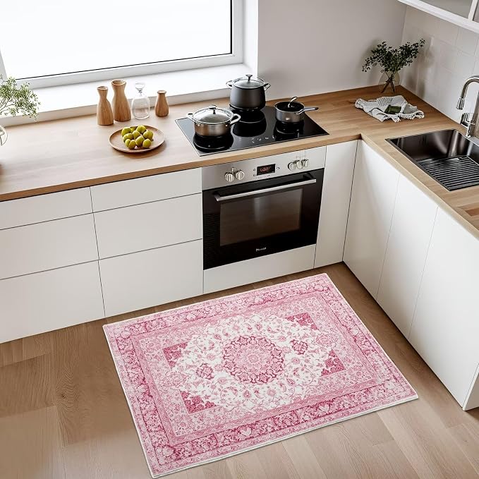 Macgace 2x3 Bright Pink Area Rug for Entryway, Small Washable Rugs with Non-Slip Backing for Girls Bedroom, Cute Vintage Throw Carpet Kitchen Laundry Front Door Decor