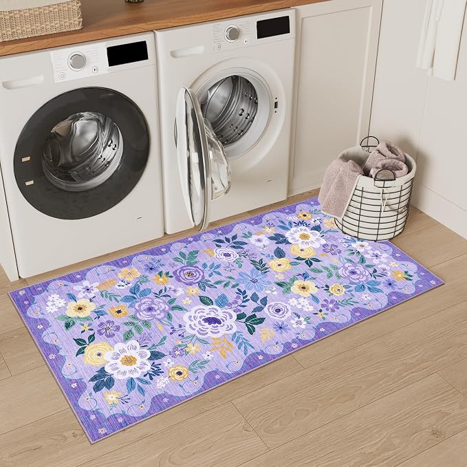 DUKINO 2x4 Rug for Entryway, Washable Kitchen Floral Runner Rug with Non Slip Backing, Low Pile Soft Boho Carpet for Kitchen, Hallway, Entryway, Laundry, Bedroom, Purple