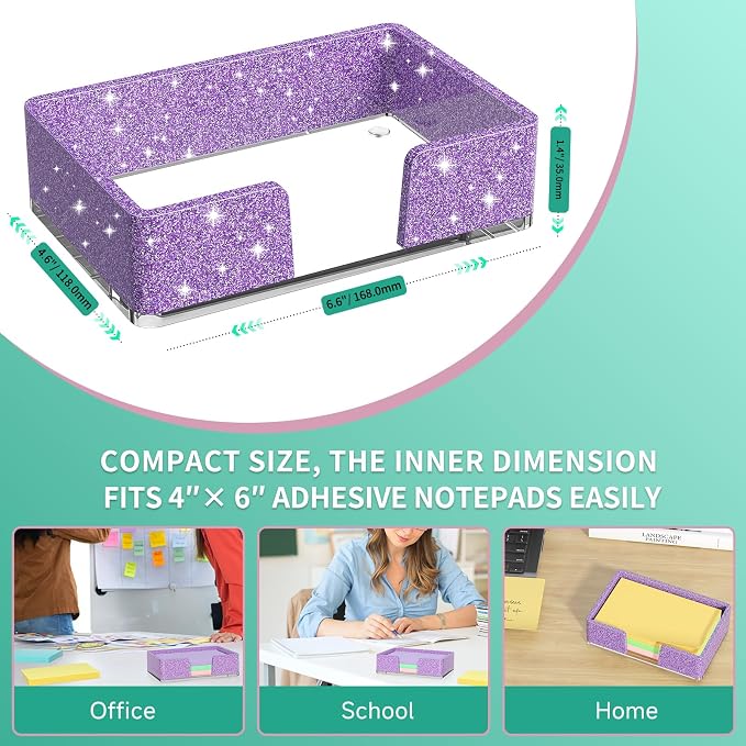 Sticky Note Holder, Glitter Purple Acrylic Notepad Holder 4x6 in Self-Stick Note Dispenser Office Desk Accessories, Memo Pad Holder Organizer for Classroom School Supplies