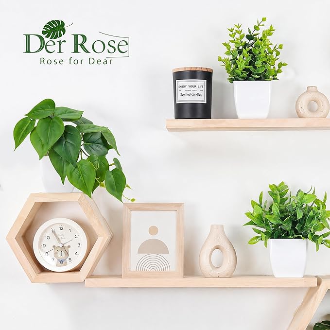 Der Rose 6 Pcs Mixed Small Fake Plants Modern Mini Potted Artificial Plants Indoor with White Pots for Bathroom Shelf Office Desk Bedroom Kitchen Decor