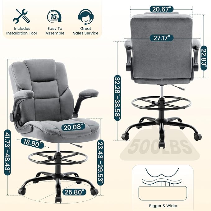 Drafting Chair 500Lbs, Tall Office Chair for Standing Desk, Fabric Executive Office Chair with Flip-up Armrests, Ergonomic High Chair with Adjustable Foot Ring, Comfy Stool Chairs, Grey