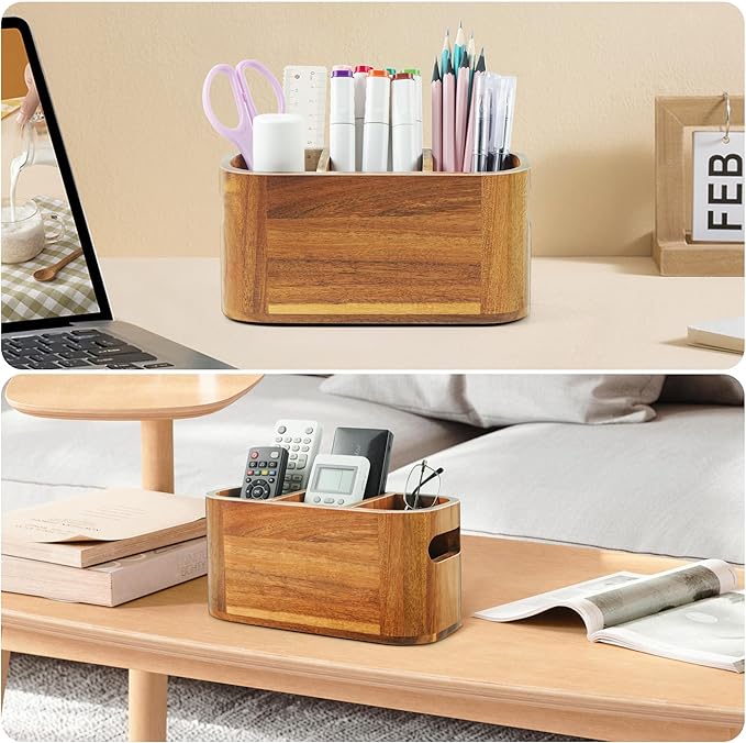 Acacia Pencil Pen Holder for Desk, Wooden Office Organizer with 3 Slots for Countertop, Makeup Brush Holder Remote Control Organizer for School Home Supplies