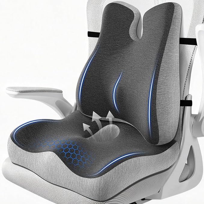 Lumbar Support Pillow for Office Chair,Seat Cushion with Back Support,Office Chair Cushion for Tailbone Pain,Sciatica and Hemorrhoid Relief (Grey)