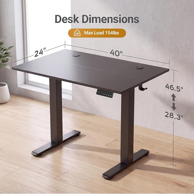 Claiks 40 x 24 Inch Black Electric Standing Desk | Adjustable Height, Sit Stand, 3 Memory Presets, Cable Management, Space-Optimized, Home Office & Bedroom