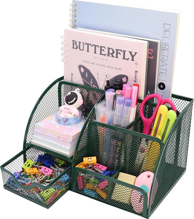 Boutilon Mesh Desk Organizer Desktop Office Supplies Stationary Organizer with 6 Compartments and 1 Drawer Multi-Functional Caddy Pen Holder for Home Office School Desk Decor(Dark Green)