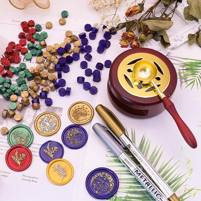 SWANGSA Sealing Wax Kit, 1450pcs Sealing Wax Beads Metallic Red, Wax Seal Warmer, Wax Spoon, Gold Wax Seal Pen and Tealight Candles for Wax Stamp Letter Sealing