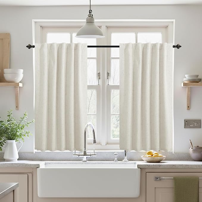 KOUFALL Short Linen Blackout Curtains 42 Inch for Small Windows, Boho RV Curtains for Camper Windows, Thermal Curtains for Kitchen Bedroom, Wide 42x42 Inches Long, Cream Beige