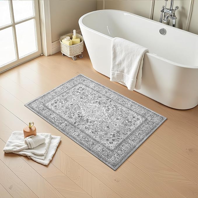 Grey Small Washable Area Rug, 2x3 Boho Vintage Entryway Rugs, Soft Non Slip Floral Door Mat, Aesthetic Low Pile Carpet for Front Door Entry Carpets Entrance Bedroom Kitchen